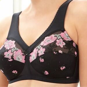 Glamorise Embroidery~ FULL-FIGURE Black  Floral Print Bra, size 36B